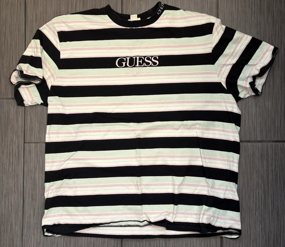 Guess Originals Vintage T-Shirt Embroidered Spellout Men XL Striped Tee Retro - Picture 1 of 6